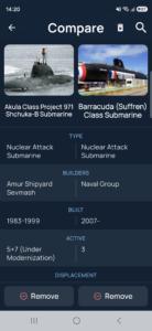 Naval Library Compare screen showing two submarine classes side by side