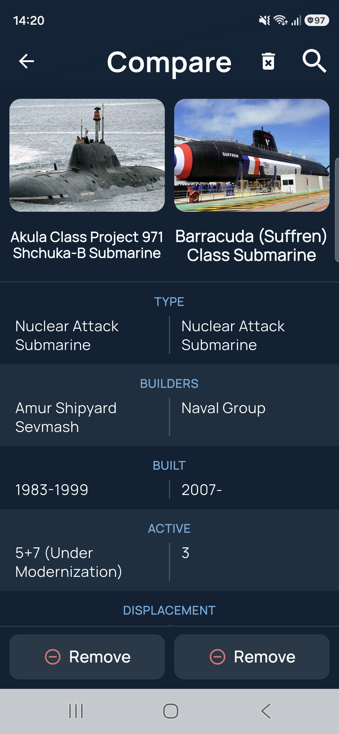 Naval Library Compare screen showing two submarine classes side by side