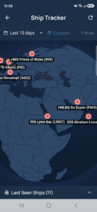 Naval Library Ship Tracker 3D globe showing recent warship positions