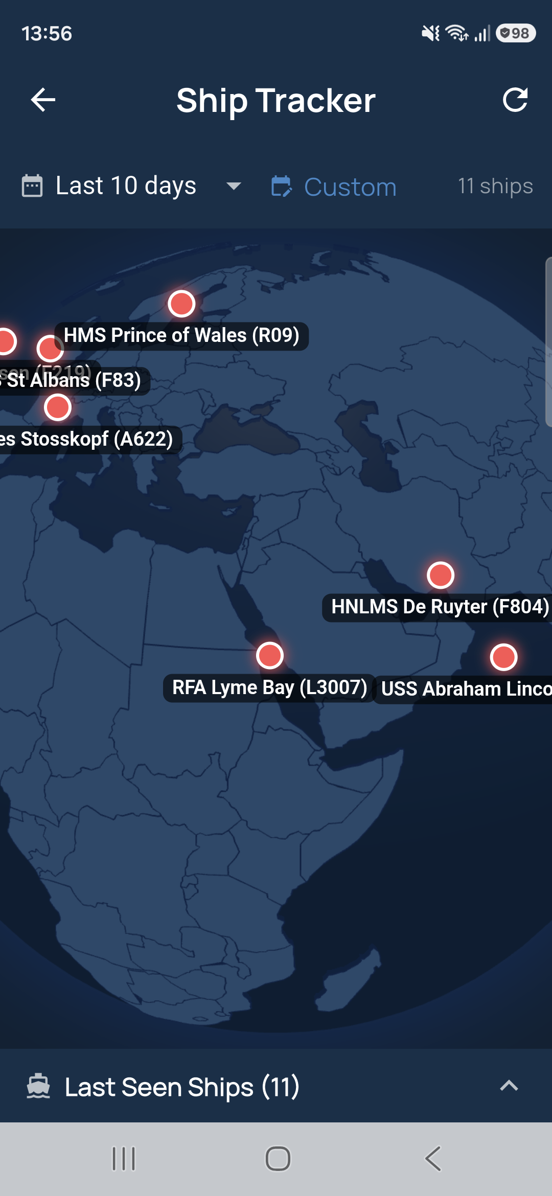 Naval Library Ship Tracker 3D globe showing recent warship positions