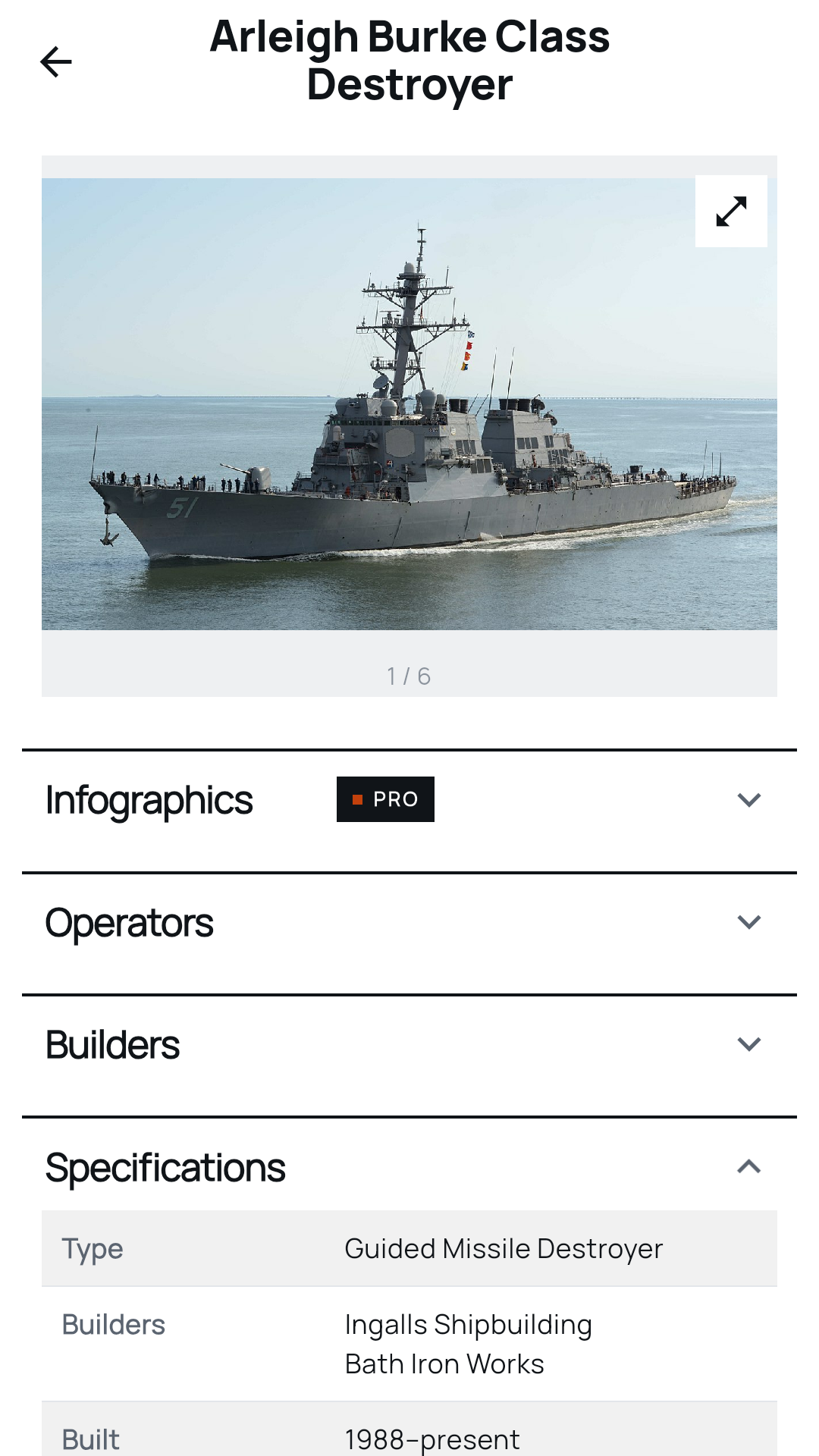 Arleigh Burke class page with photo gallery, specifications and the list of ships in the class