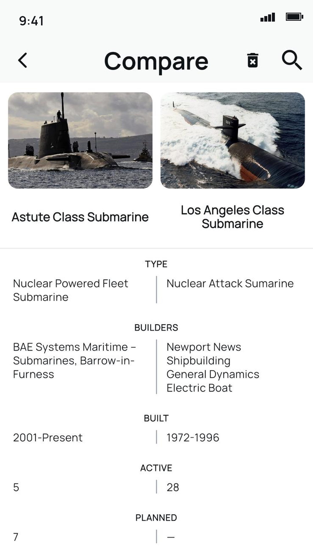 Compare screen showing Astute class and Los Angeles class submarines side by side