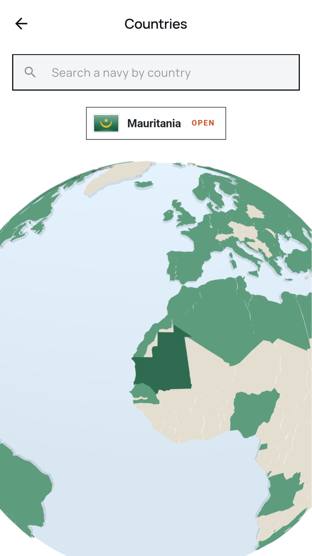 Countries globe highlighting navies, with a spotlight card for Mauritania