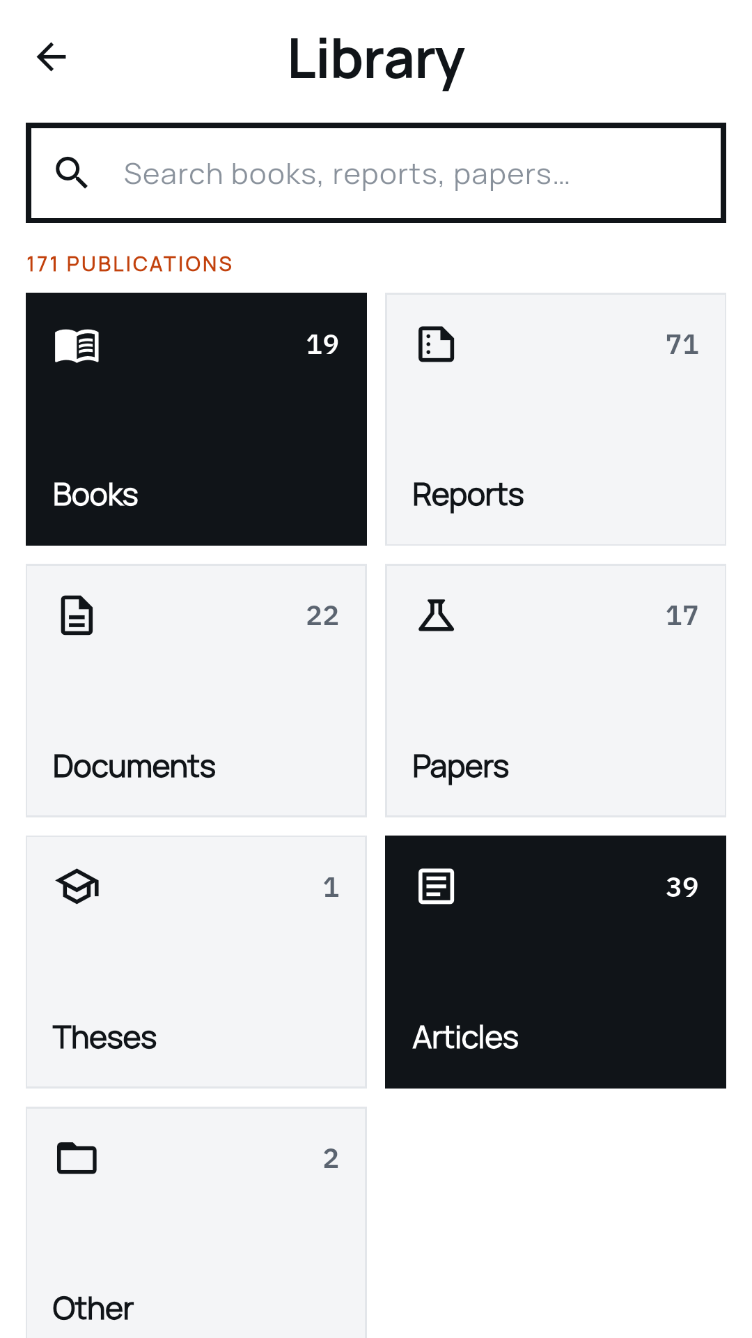 Library screen with search and seven publication types