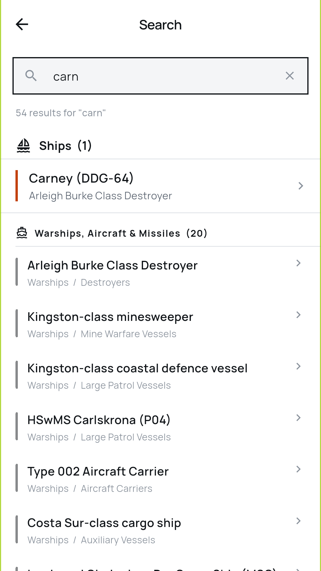 Search results showing the ship Carney (DDG-64) above matching classes