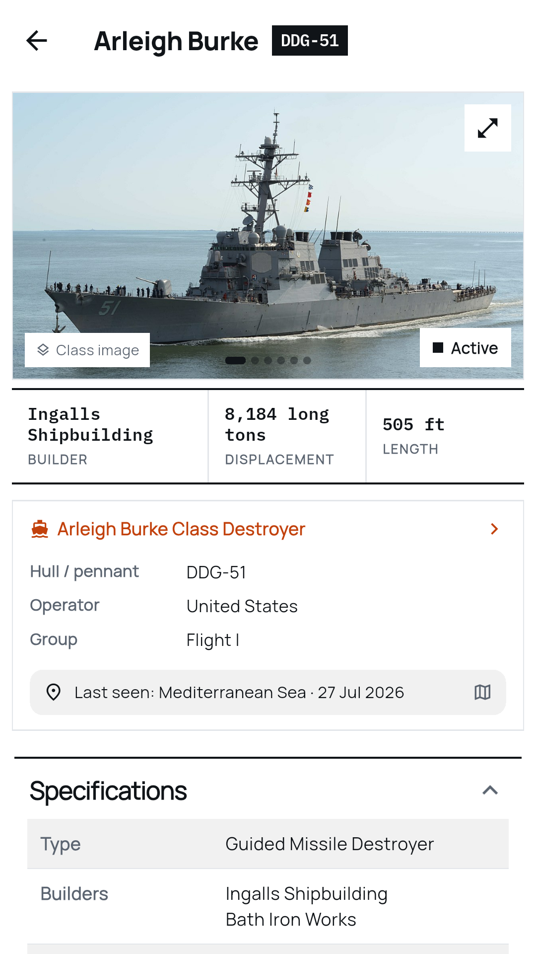 Naval Library ship page: USS Arleigh Burke (DDG-51) with builder, displacement, length, class link and last known position