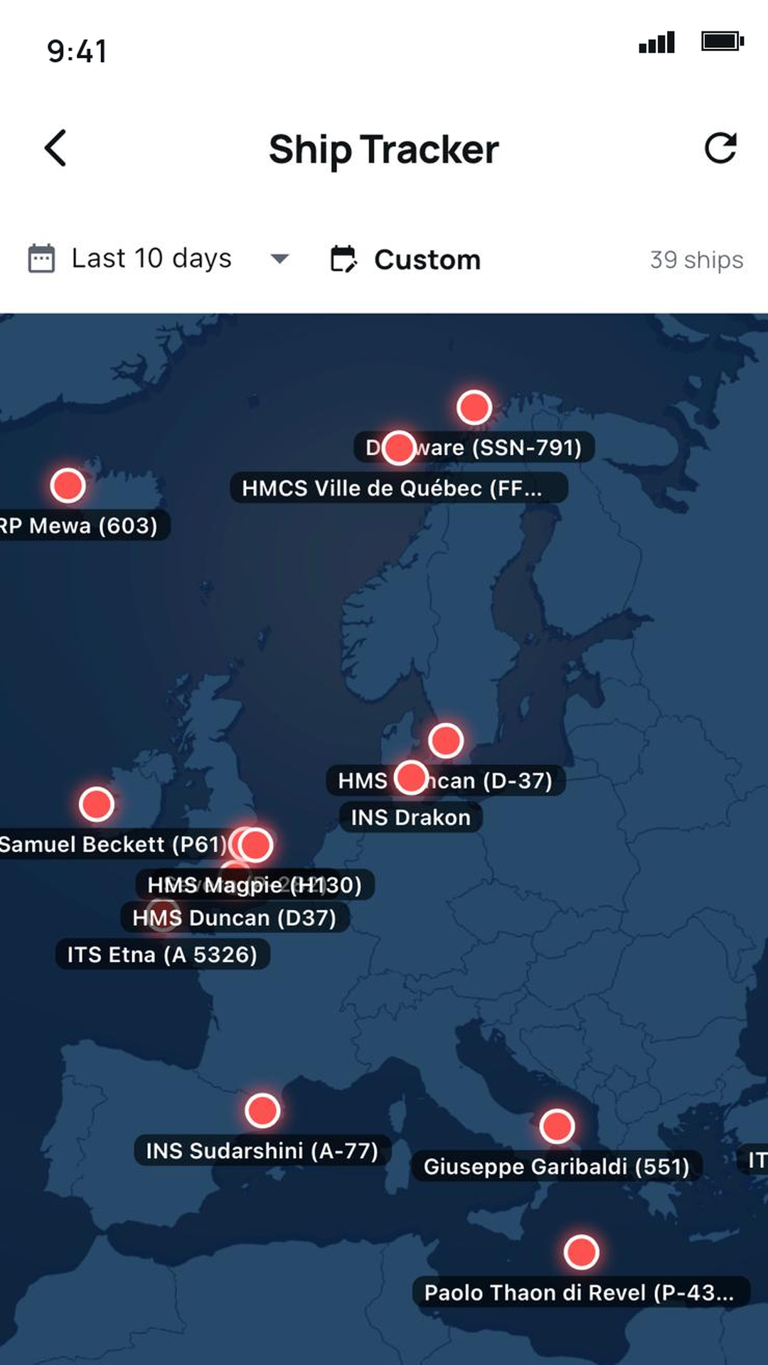 Ship Tracker map with last seen positions of warships around Europe